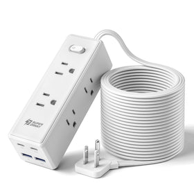 SUPERDANNY front view of power strip showing six outlets and four USB ports for versatile charging