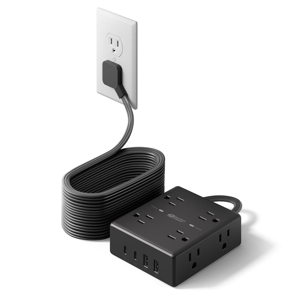 SUPERDANNY front view of power strip showing 8 outlets and 4 USB ports for versatile charging