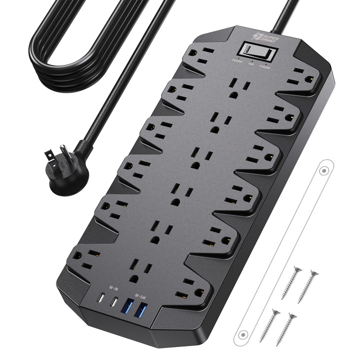 SUPERDANNY front view showing 18 outlets and 4 USB ports, helps declutter workspaces