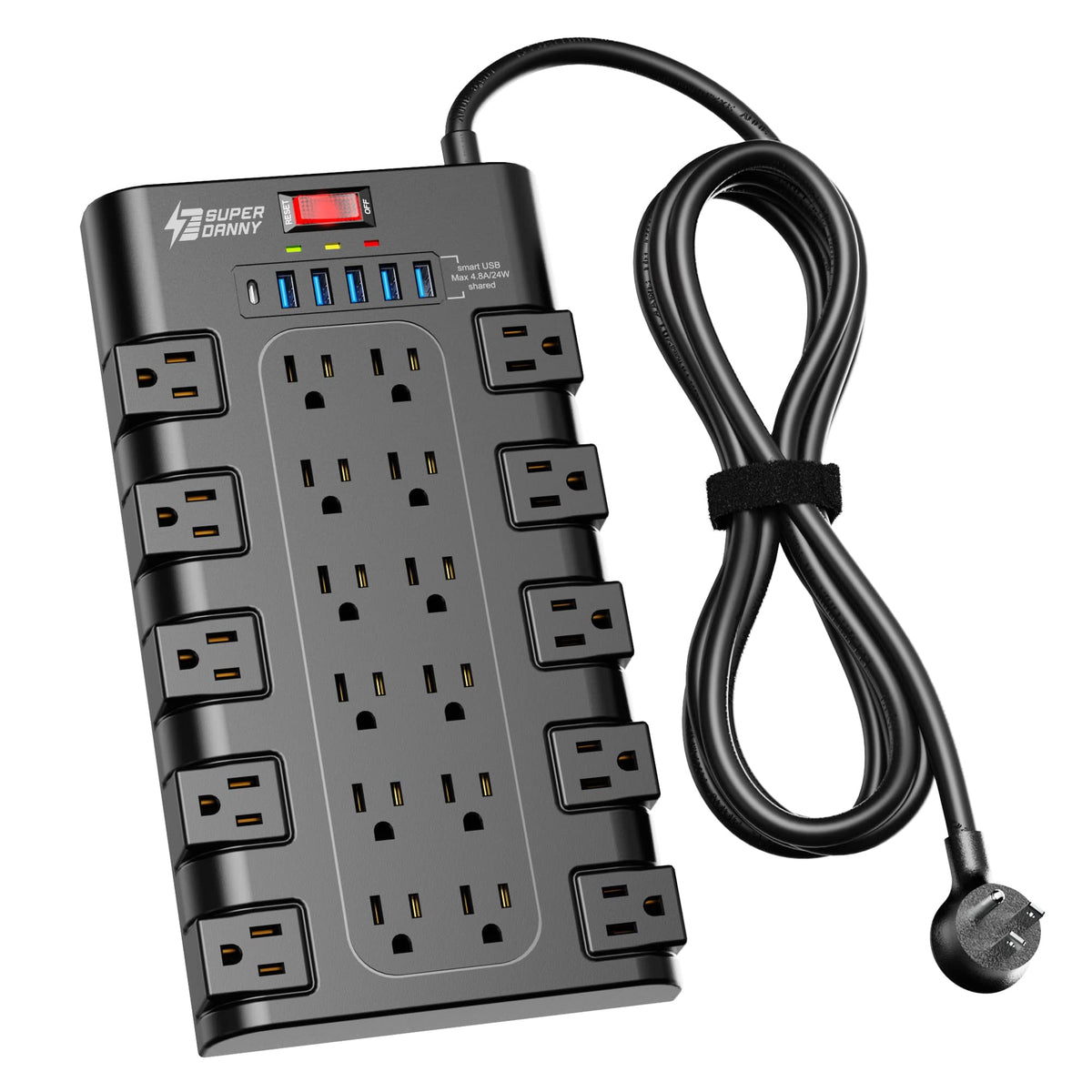 SUPERDANNY front view showing all 22 outlets and 6 USB ports, helps organize devices