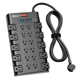 SUPERDANNY front view showing all 22 outlets and 6 USB ports, helps organize devices