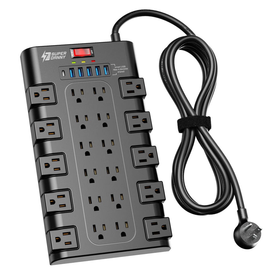 SUPERDANNY front view showing all 22 outlets and 6 USB ports, helps organize devices