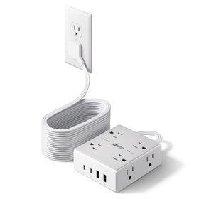 SUPERDANNY front view of power strip showing 8 outlets and four USB ports for organized charging