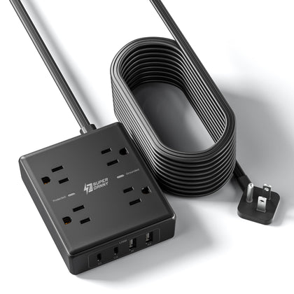 SUPERDANNY front view of power strip showing four outlets and four USB ports for versatile charging