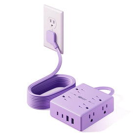 SUPERDANNY front view of purple power strip showing outlets and ports, tidy charging benefit