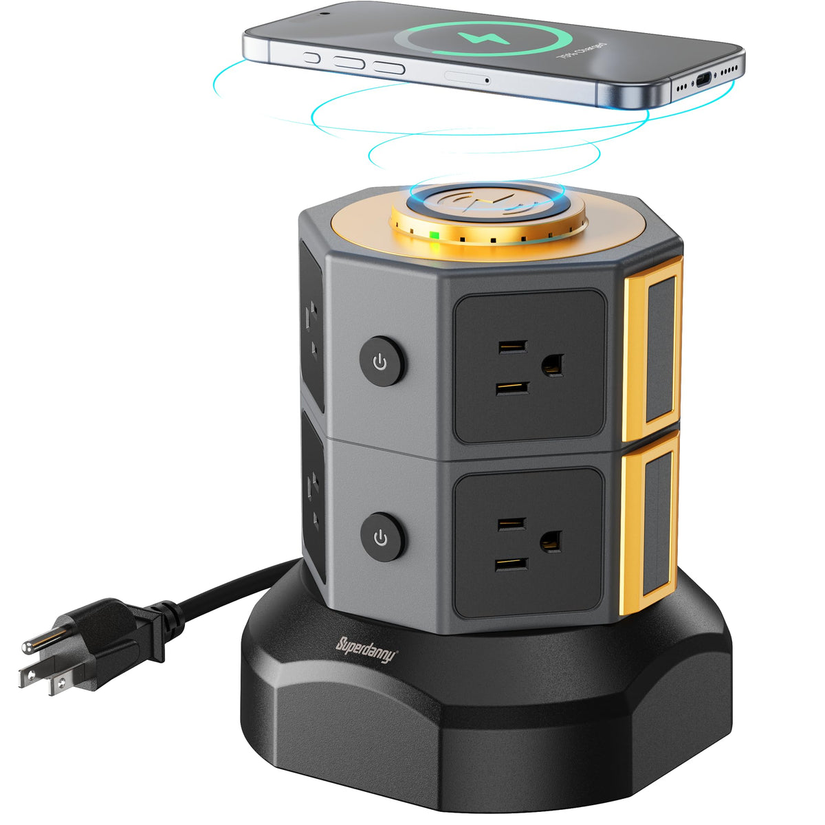 SUPERDANNY front view of tower showing ports and compact footprint for organized charging