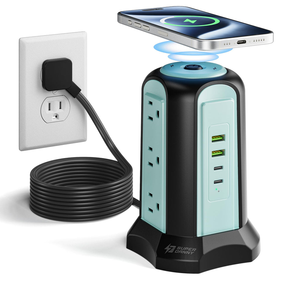 SUPERDANNY front view tower showing outlets and organized charging benefit
