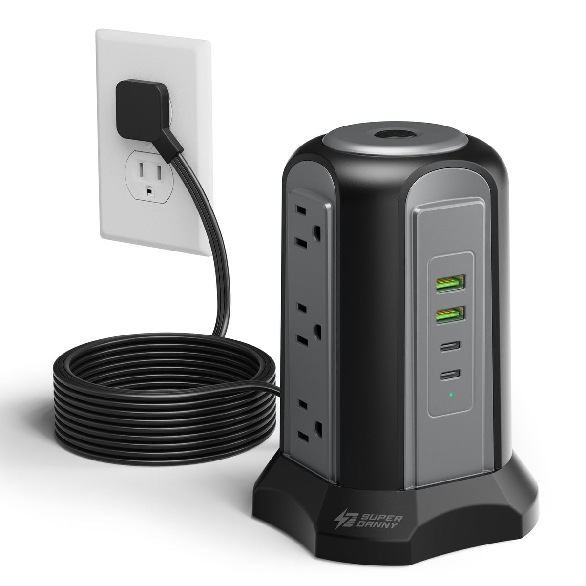 SUPERDANNY front view of tower showing outlets and slim profile for space saving