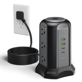 SUPERDANNY front view of tower showing outlets and slim profile for space saving