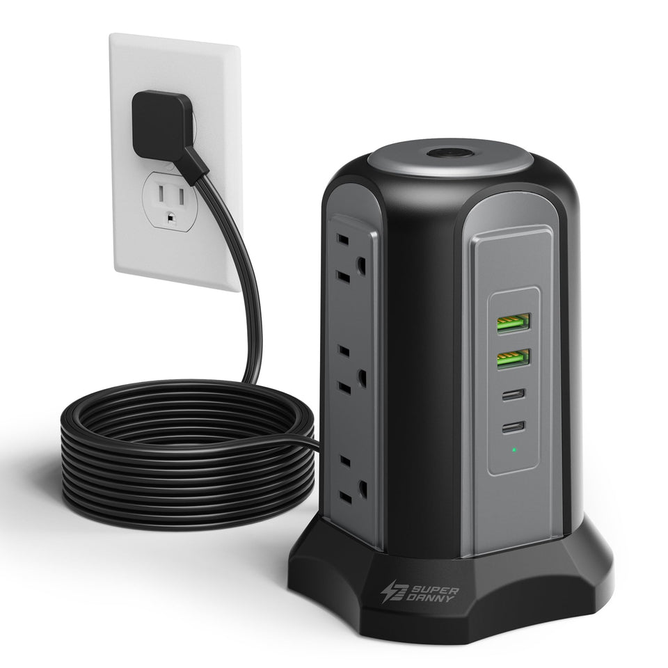 SUPERDANNY front view of tower showing outlets and slim profile for space saving