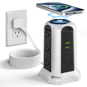 SUPERDANNY front view of tower showing outlets and wireless pad for organized charging