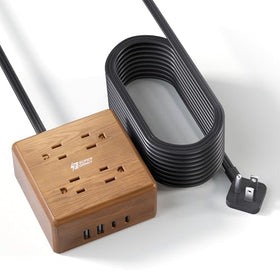 SUPERDANNY front view showing four outlets and walnut finish for organized charging