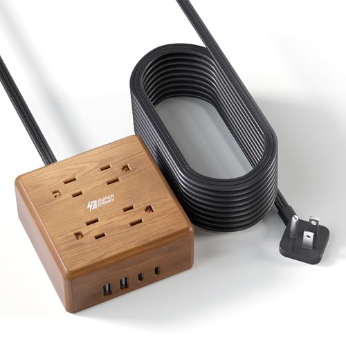 SUPERDANNY front view showing four outlets and walnut finish for organized charging