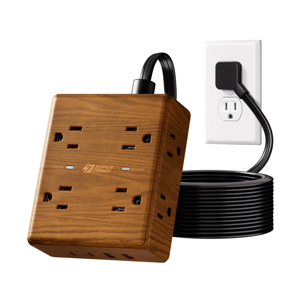 SUPERDANNY front view of walnut power strip showing 8 outlets and 4 USBs for organized charging