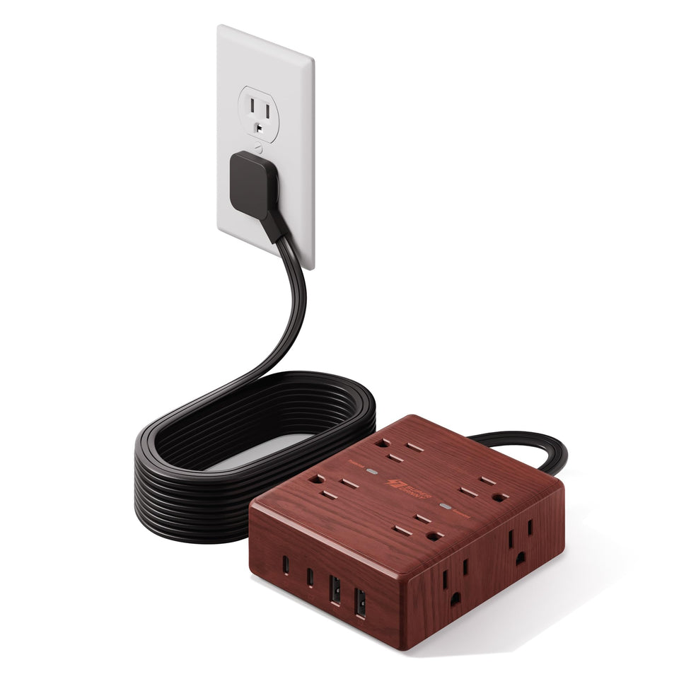 SUPERDANNY front view wood-grain power strip showing outlets and finish for tidy look