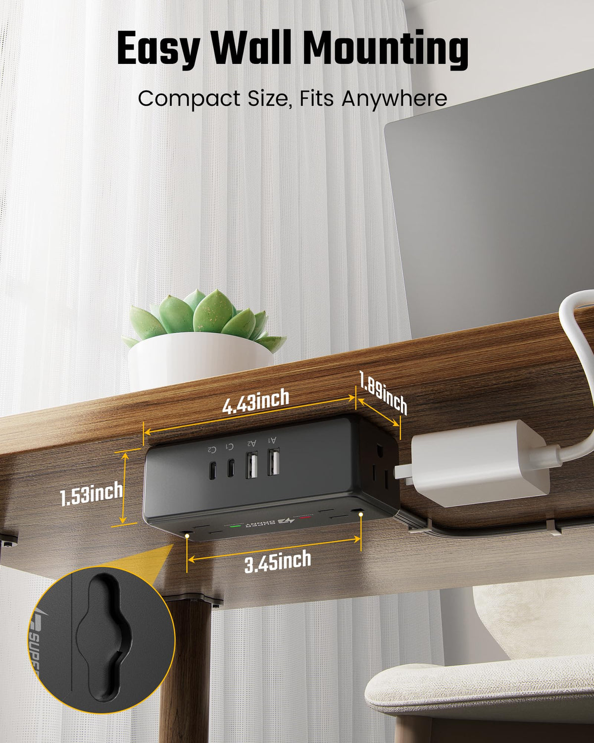 SUPERDANNY slim plug hidden behind couch baseboard, reduces visible cords and clutter