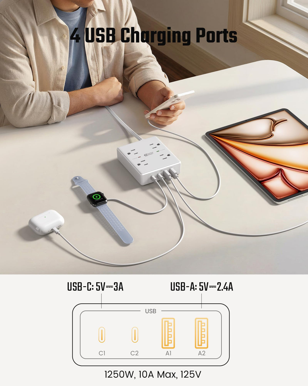 SUPERDANNY placed in a dorm room showing compact, clutter-free charging solution