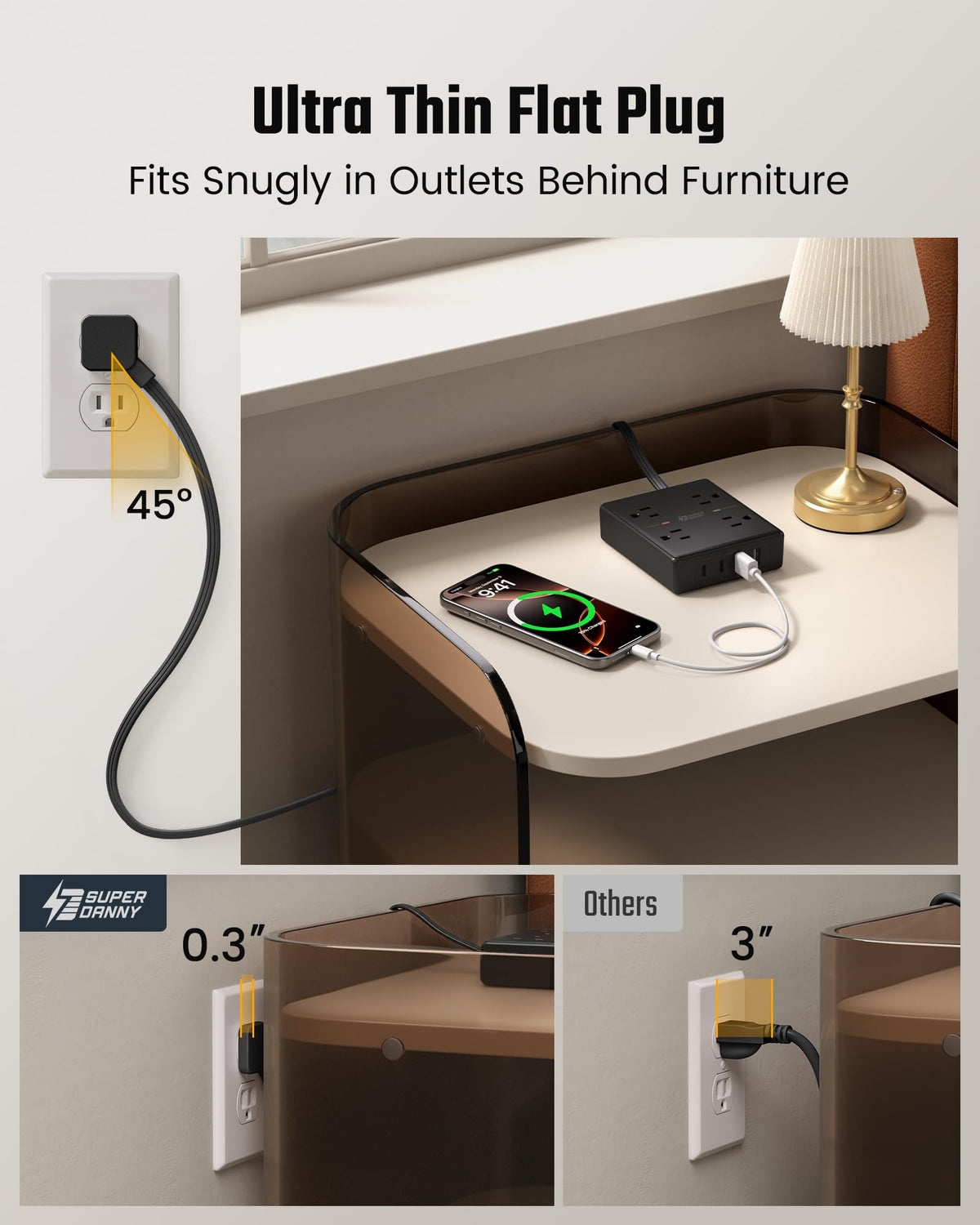 SUPERDANNY power strip in a home office powering laptop and phone for tidy workspace