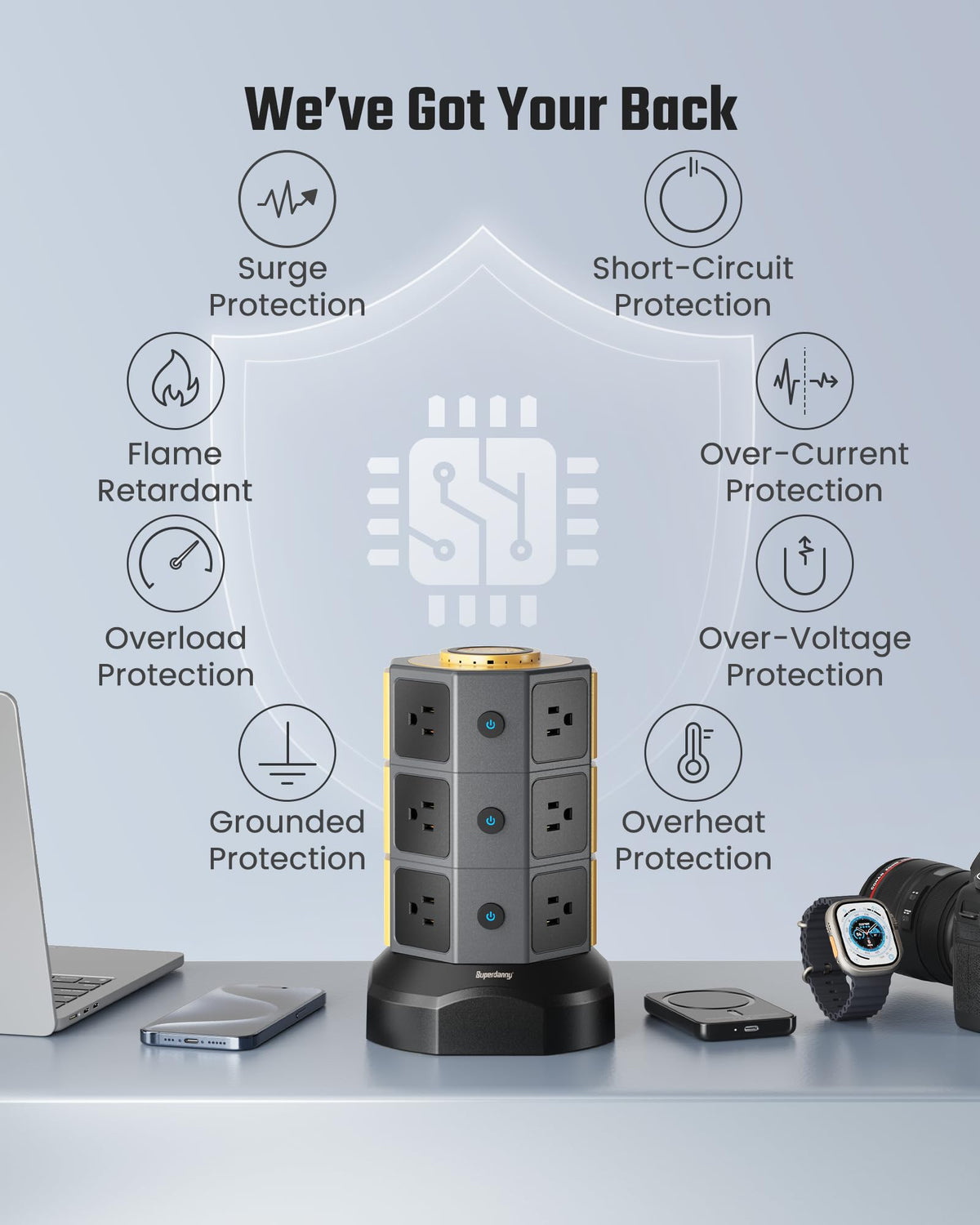 SUPERDANNY tower in a home office charging multiple devices illustrating clutter reduction benefit