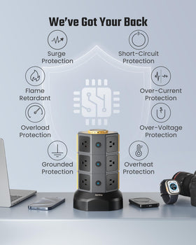 SUPERDANNY tower in a home office charging multiple devices illustrating clutter reduction benefit