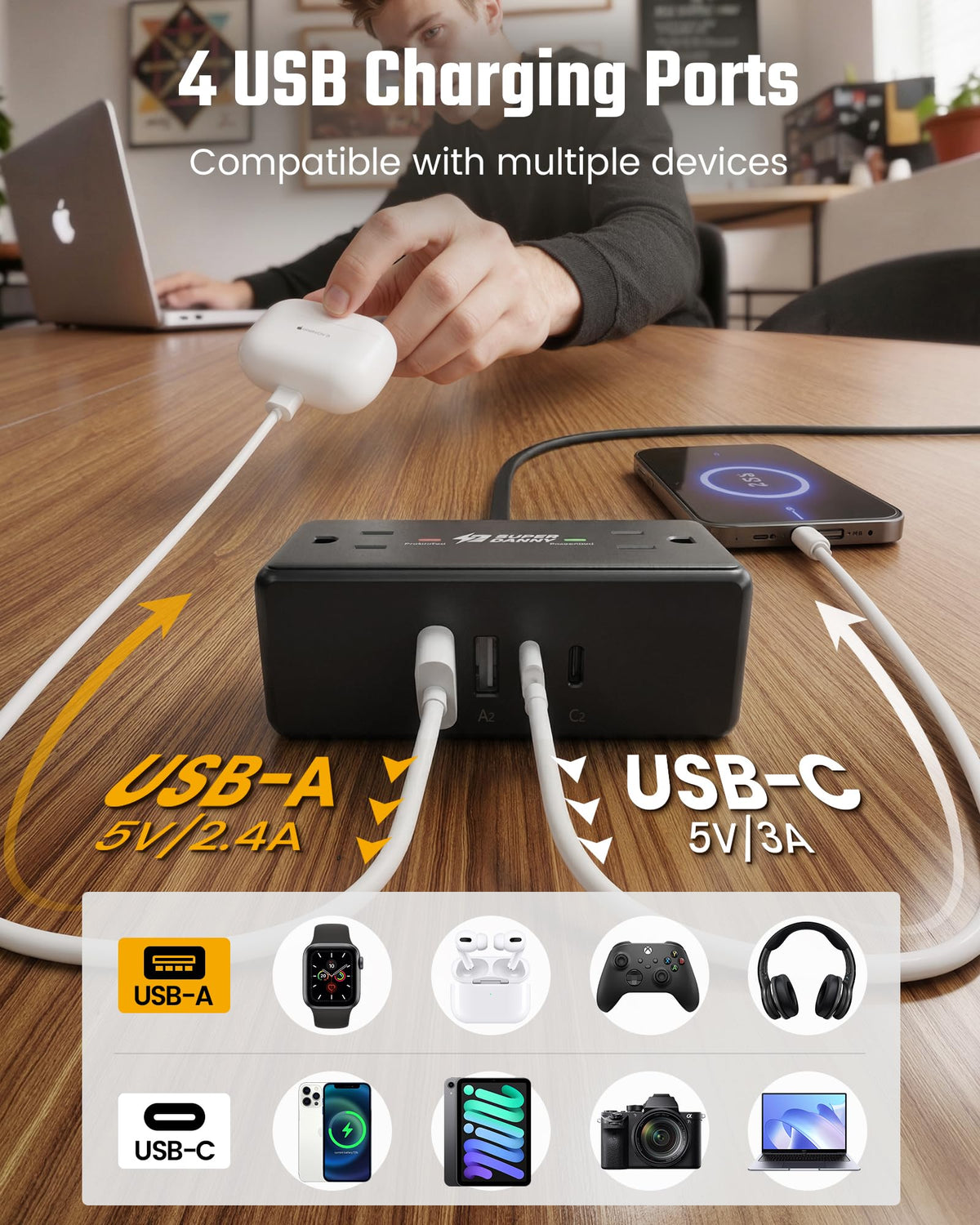 SUPERDANNY extension cord with tape measure showing 6ft reach for flexible placement