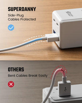 SUPERDANNY power strip on a desk charging laptop, phone and earbuds in a tidy setup