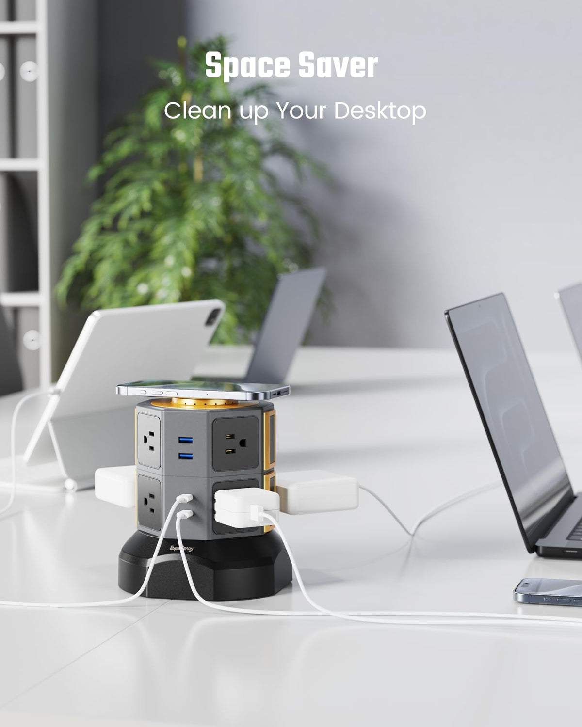 SUPERDANNY lifestyle desk setup powering laptop, phone, and accessories for clutter-free charging
