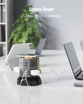 SUPERDANNY lifestyle desk setup powering laptop, phone, and accessories for clutter-free charging