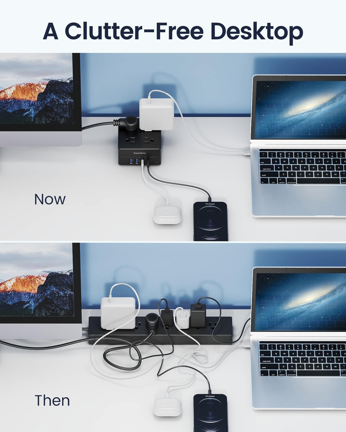 SUPERDANNY on a desk charging laptop phone and accessories neatly