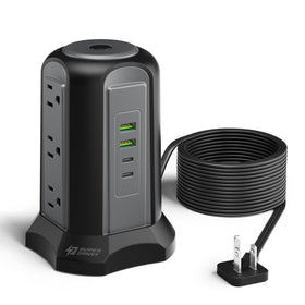 SUPERDANNY nightstand lifestyle image with phone and lamp plugged in for bedside charging convenience