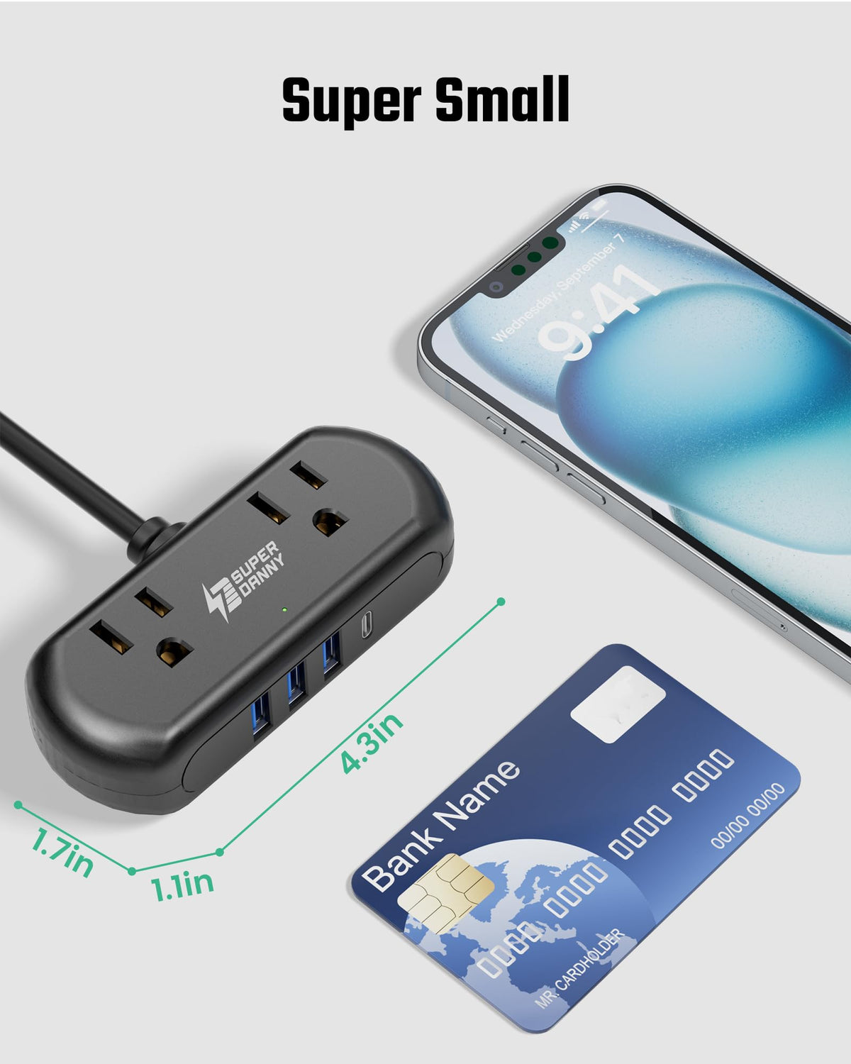 SUPERDANNY no-blocking design keeps bulky chargers from blocking outlets.