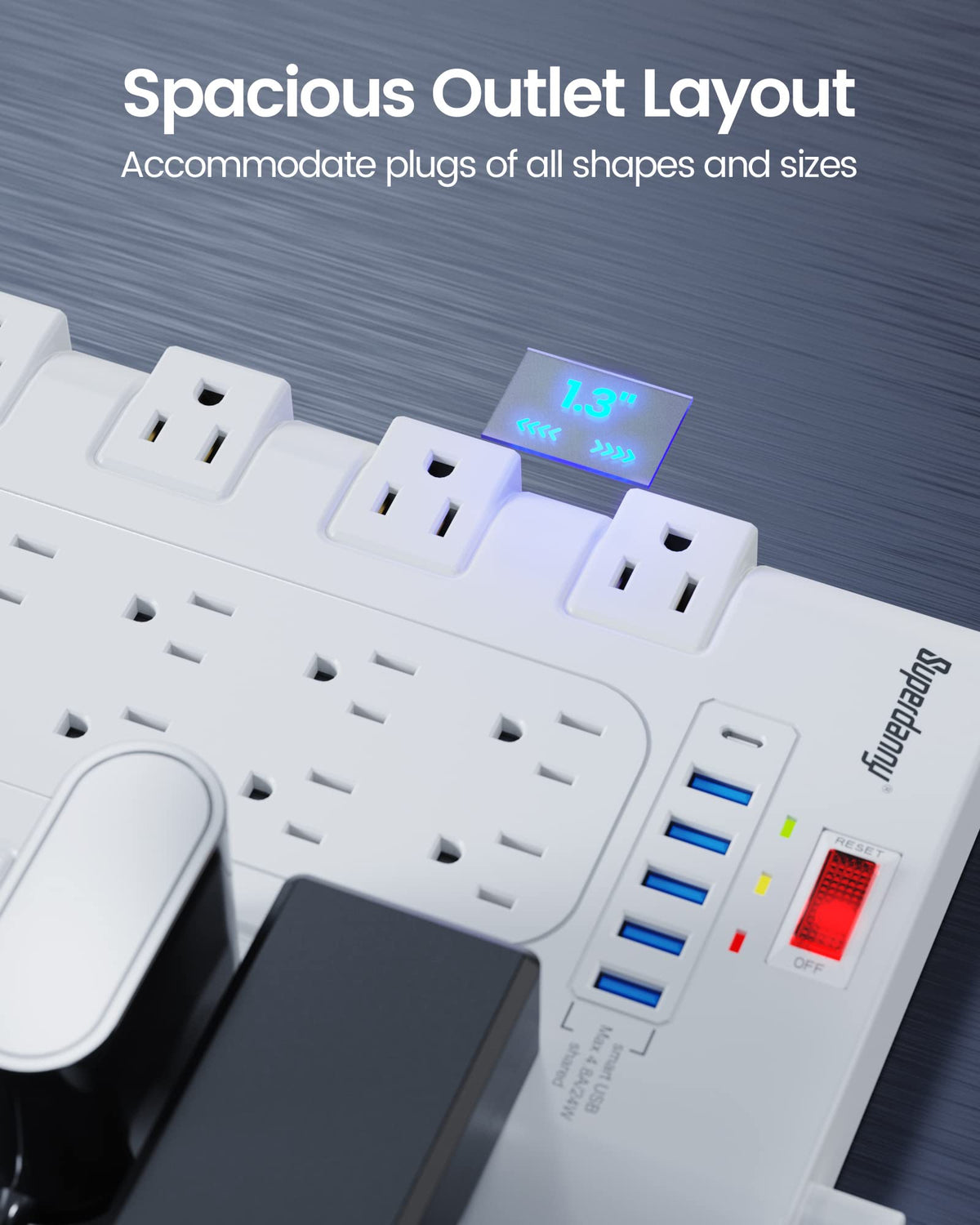 SUPERDANNY closeup of widely spaced outlets preventing bulky plug blocking