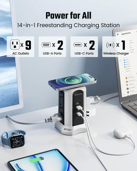 SUPERDANNY side profile showing nine universal outlets to connect multiple devices