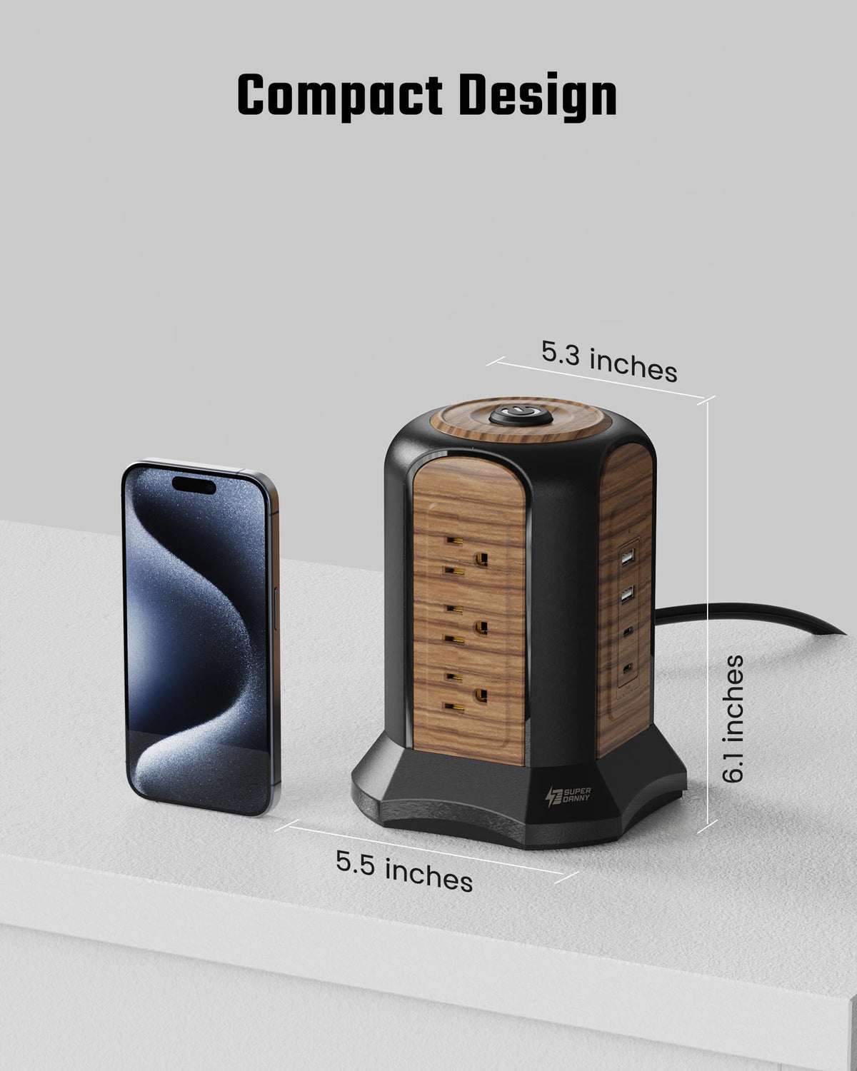 SUPERDANNY tower with multiple plugs inserted demonstrating high‑capacity outlet convenience