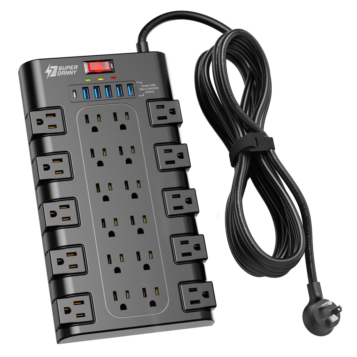 SUPERDANNY power strip with 28 outlets keeps your home office organized.