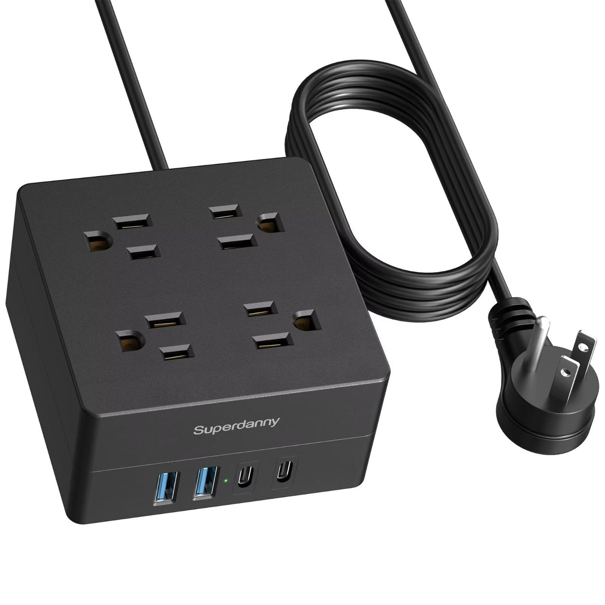 SUPERDANNY power strip showing four outlets for organized desk charging.