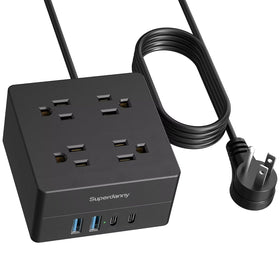 SUPERDANNY power strip showing four outlets for organized desk charging.