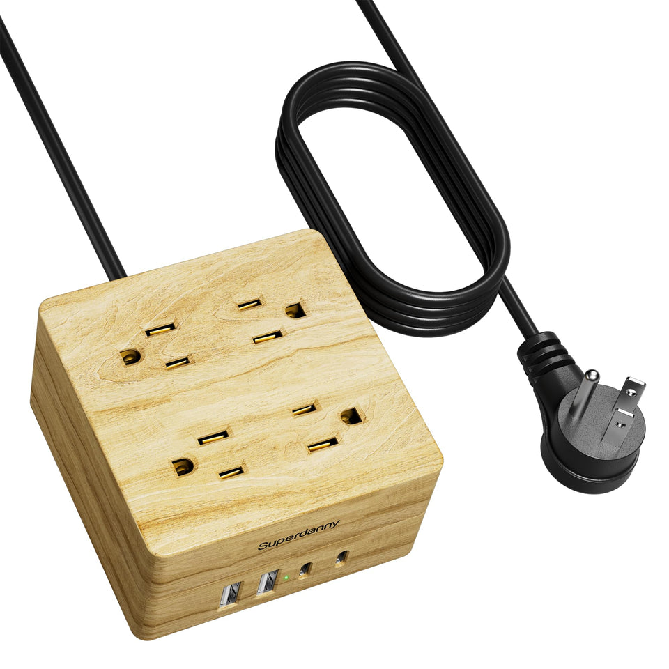 SUPERDANNY front view showing four outlets and four USB ports for tidy charging