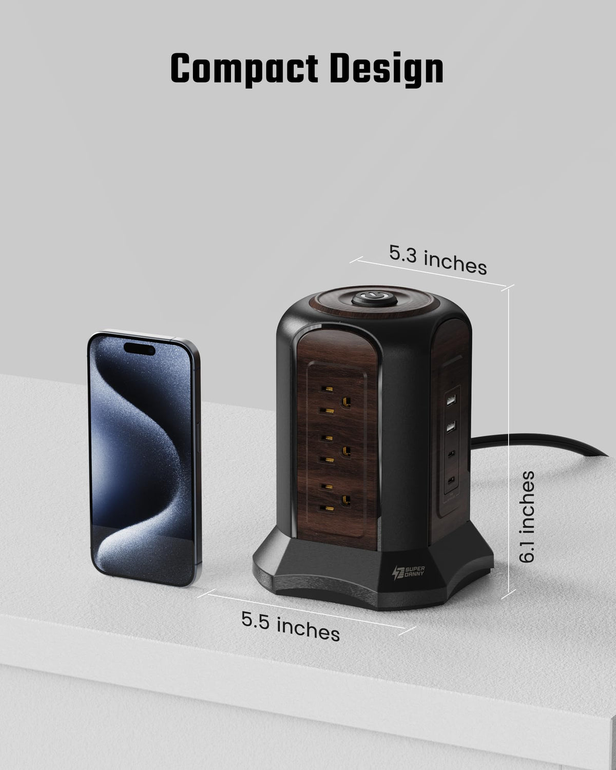 SUPERDANNY Power Strip Tower 10-foot cord reaches distant desks for flexible setup.