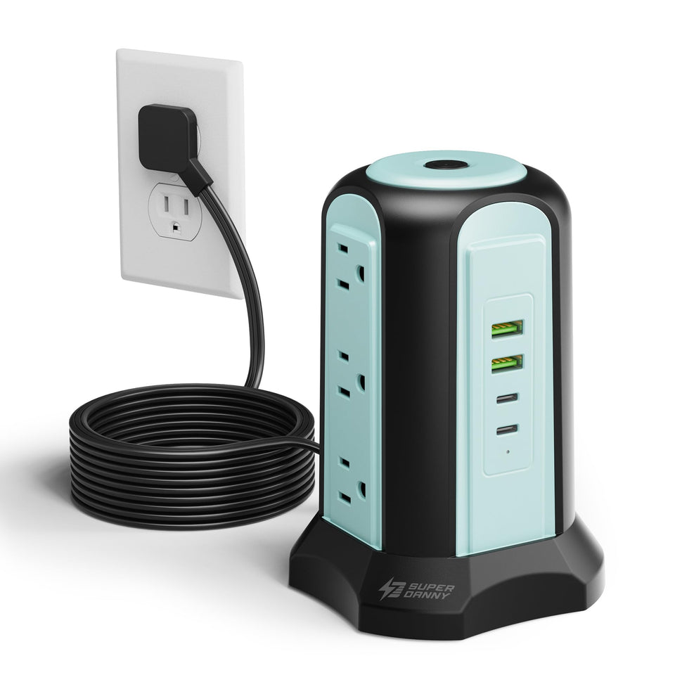 SUPERDANNY power strip tower with nine outlets for clutter-free desks