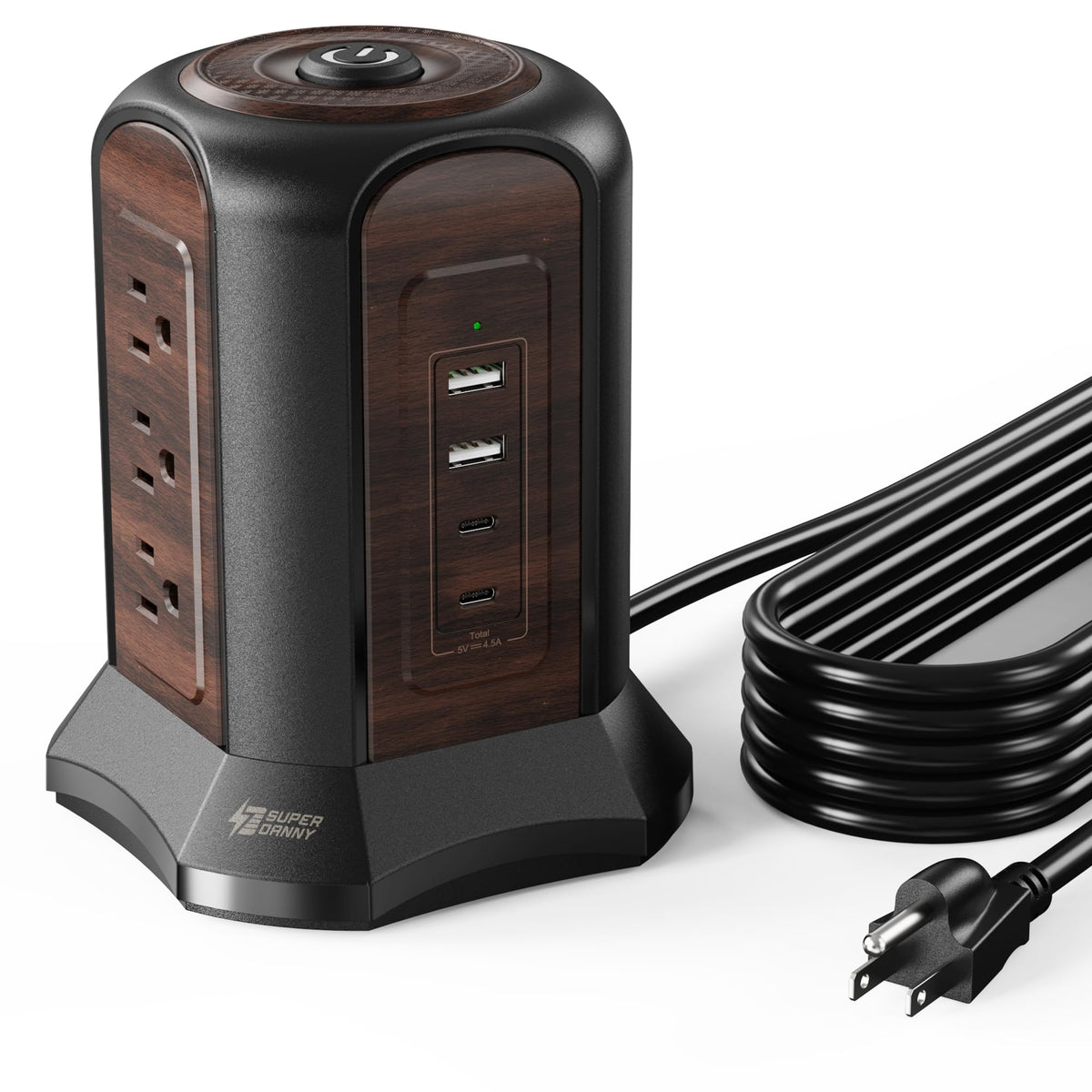 SUPERDANNY Power Strip Tower front view with nine outlets and USB ports for tidy charging.