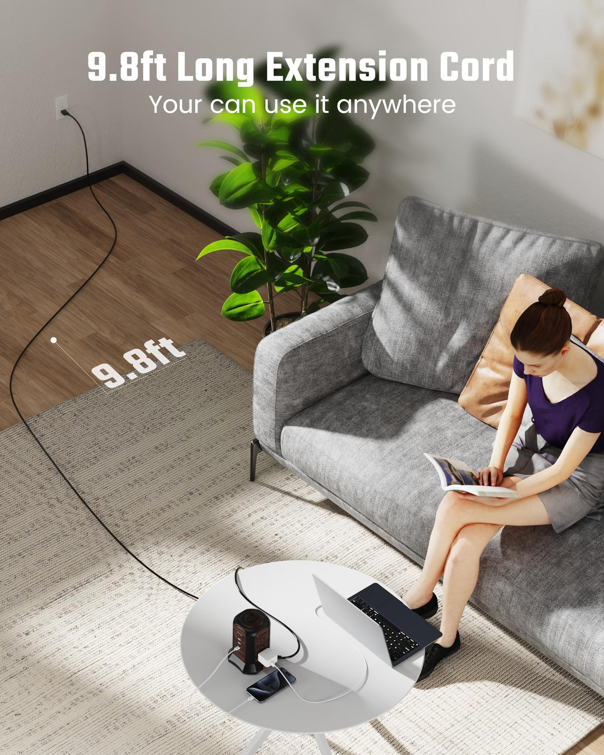 SUPERDANNY Power Strip Tower side view highlighting compact vertical design saves desk space.