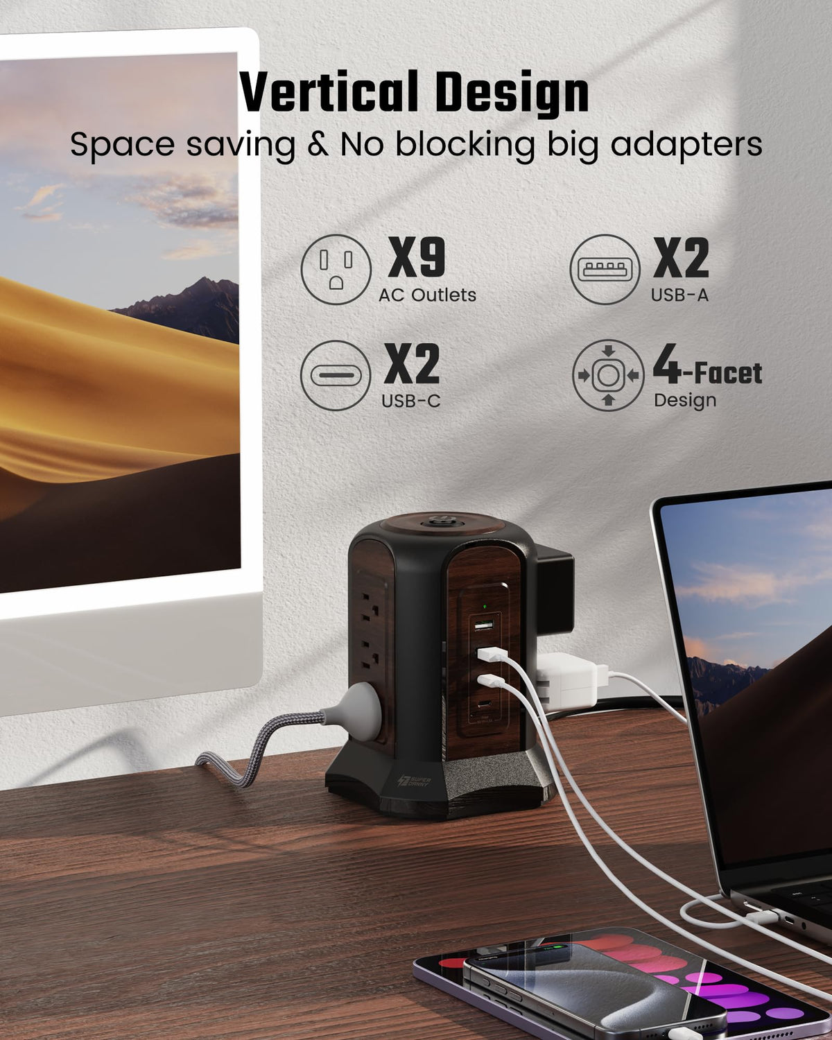 SUPERDANNY Power Strip Tower USB ports enable fast charging with smart IC technology.