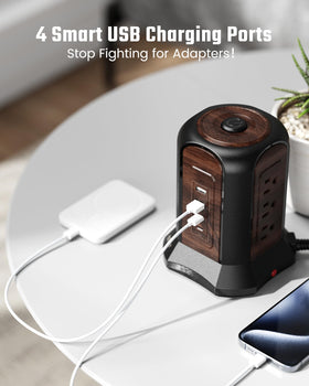 SUPERDANNY Power Strip Tower wood-like grain adds stylish desk aesthetics.