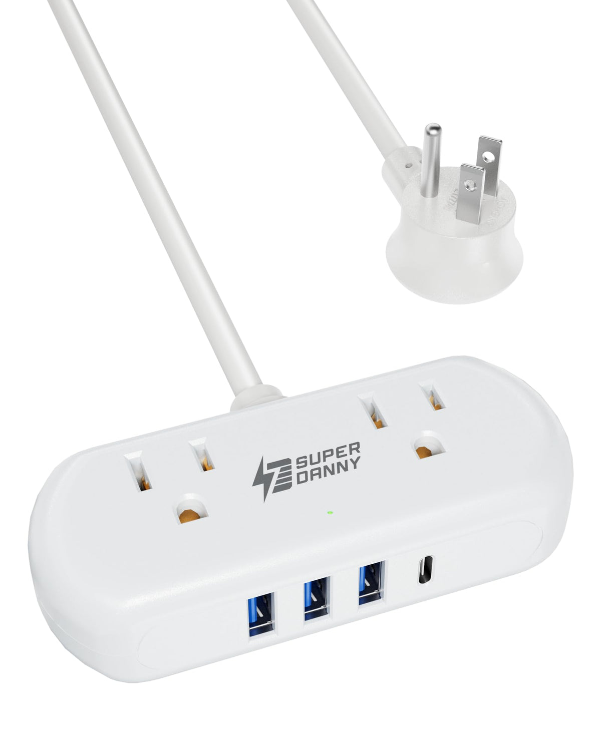 SUPERDANNY power strip with two wide-spaced outlets for bulky adapters at home.