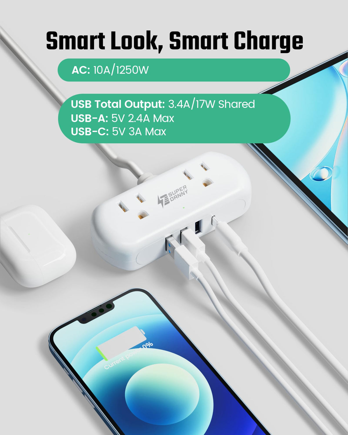 SUPERDANNY power strip with four USB ports ready for multiple devices.