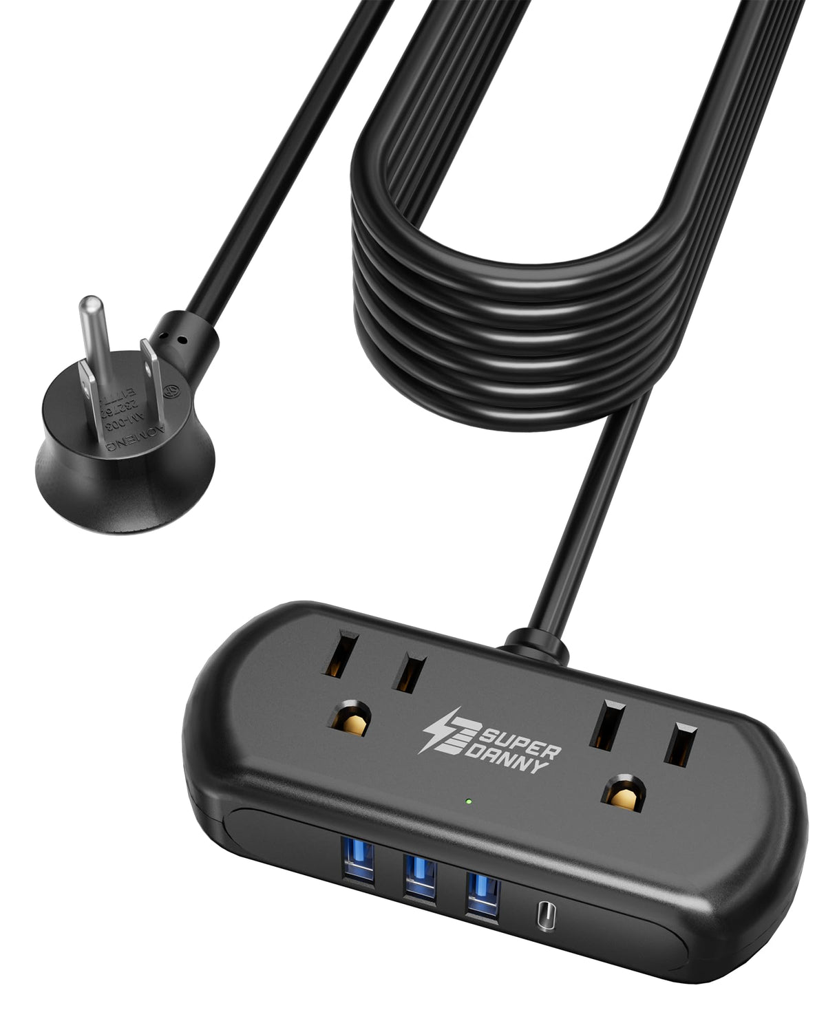 SUPERDANNY power strip with USB 6in-1 ports enables multi-device charging.