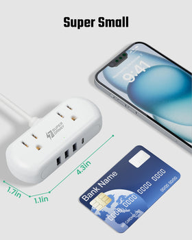 SUPERDANNY power strip side view showing spacious outlet spacing to fit bulky adapters.