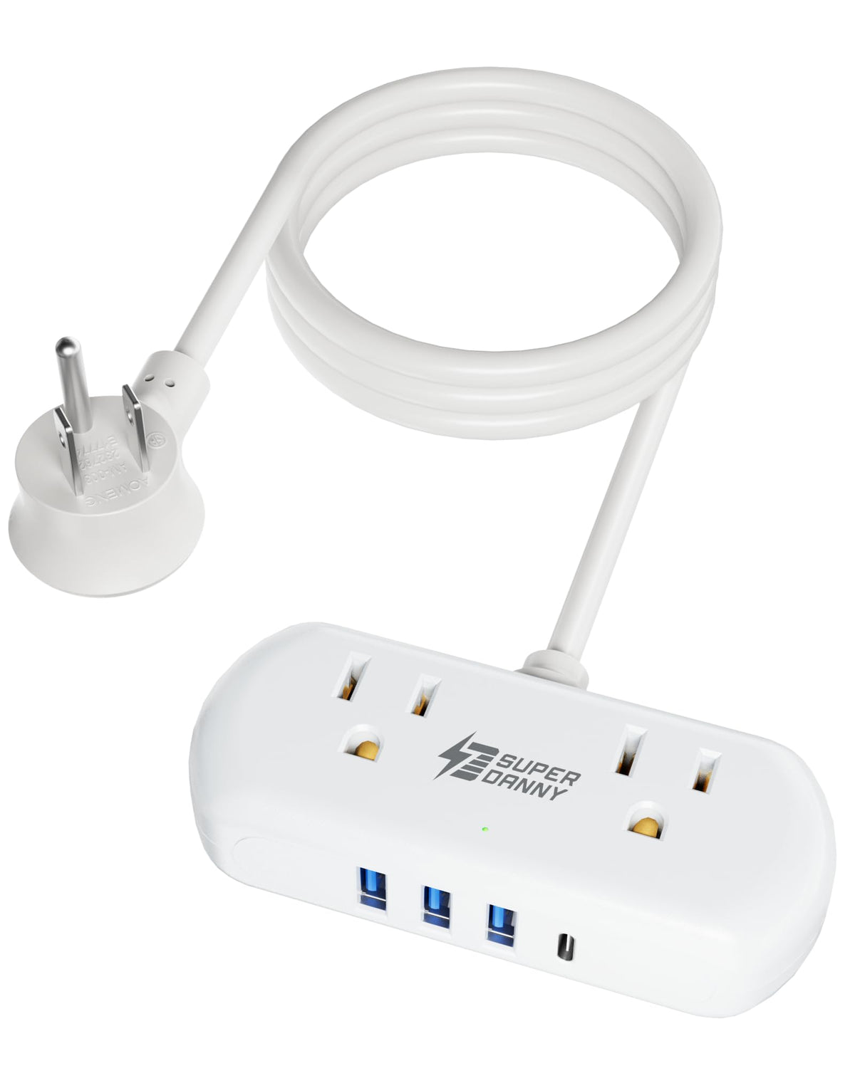 SUPERDANNY power strip top view with two outlets and four USB ports for efficient charging.