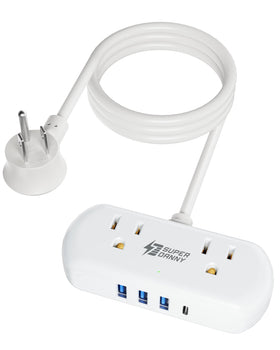 SUPERDANNY power strip top view with two outlets and four USB ports for efficient charging.